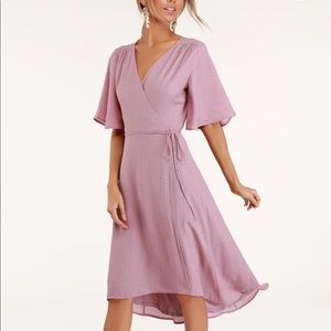 Lulus Farah Mauve Print Midi Wrap Dress!